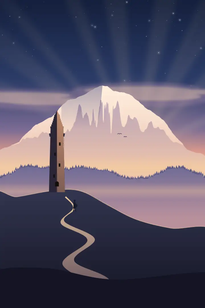 Une tour vainakh sur une colline, un chemin qui y monte, une montagne enneigée derrière, au crépuscule.